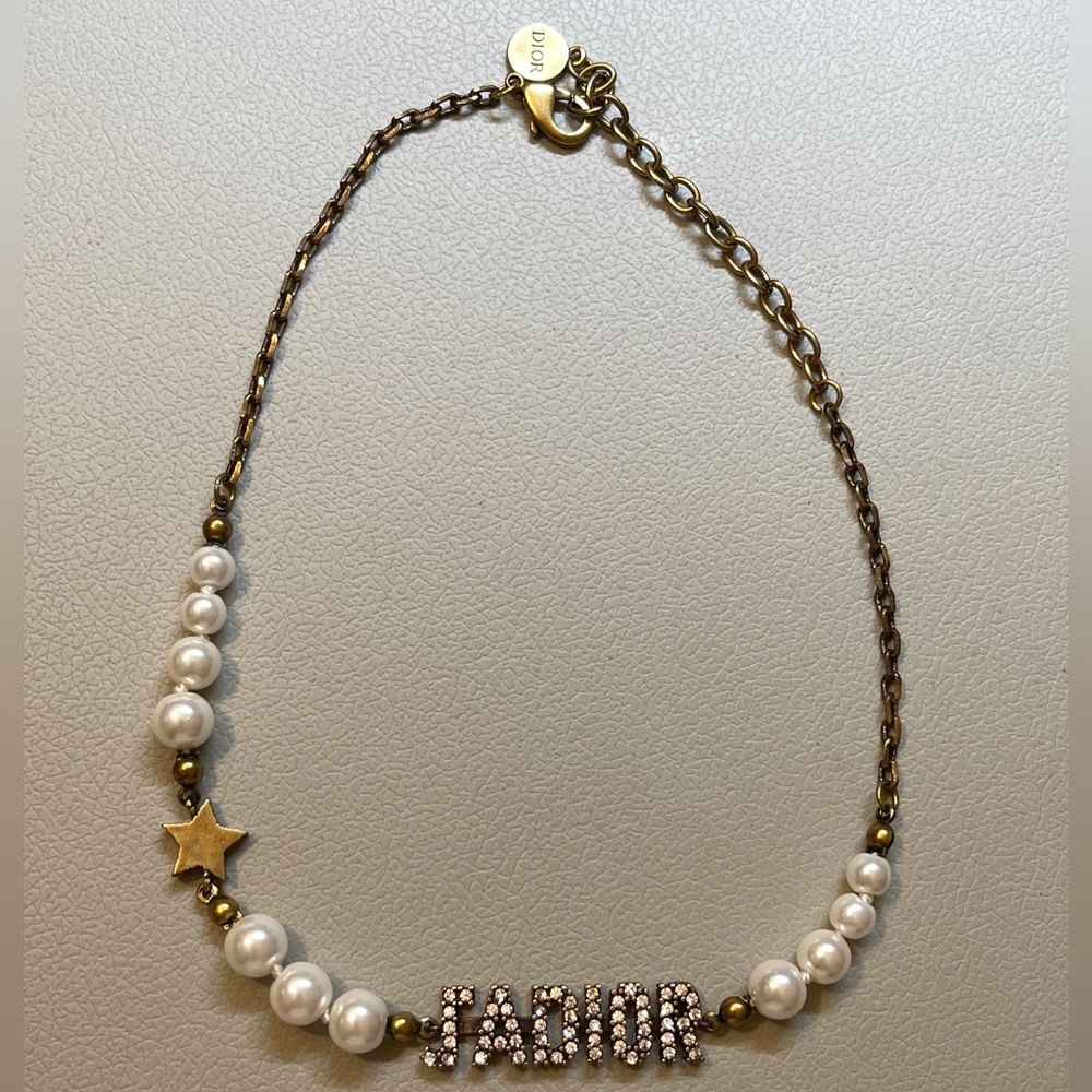 Christian Dior Metal Pearl Crystal J'Adior Choker Necklace Antique Gold womens